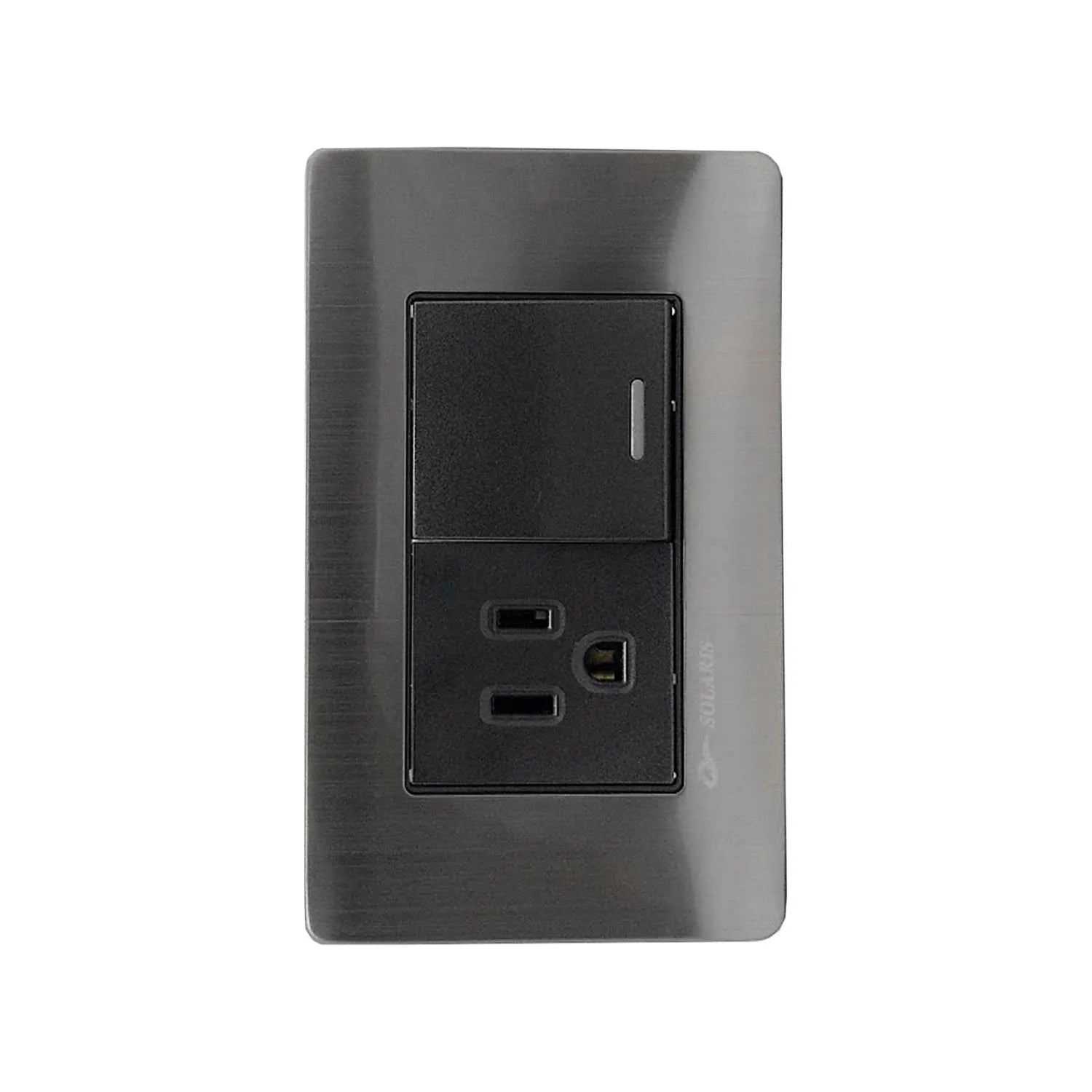 Placa Solaris negra cromo con apagador de luz y contacto tomacorriente USB integrado para pared