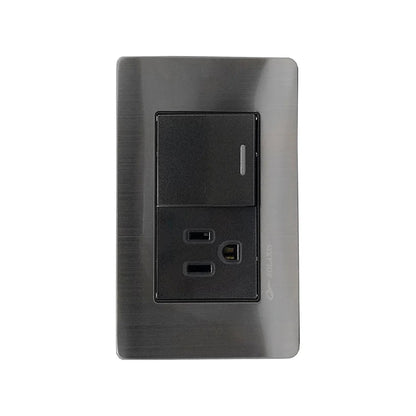 Placa Solaris negra cromo con apagador de luz y contacto tomacorriente USB integrado para pared