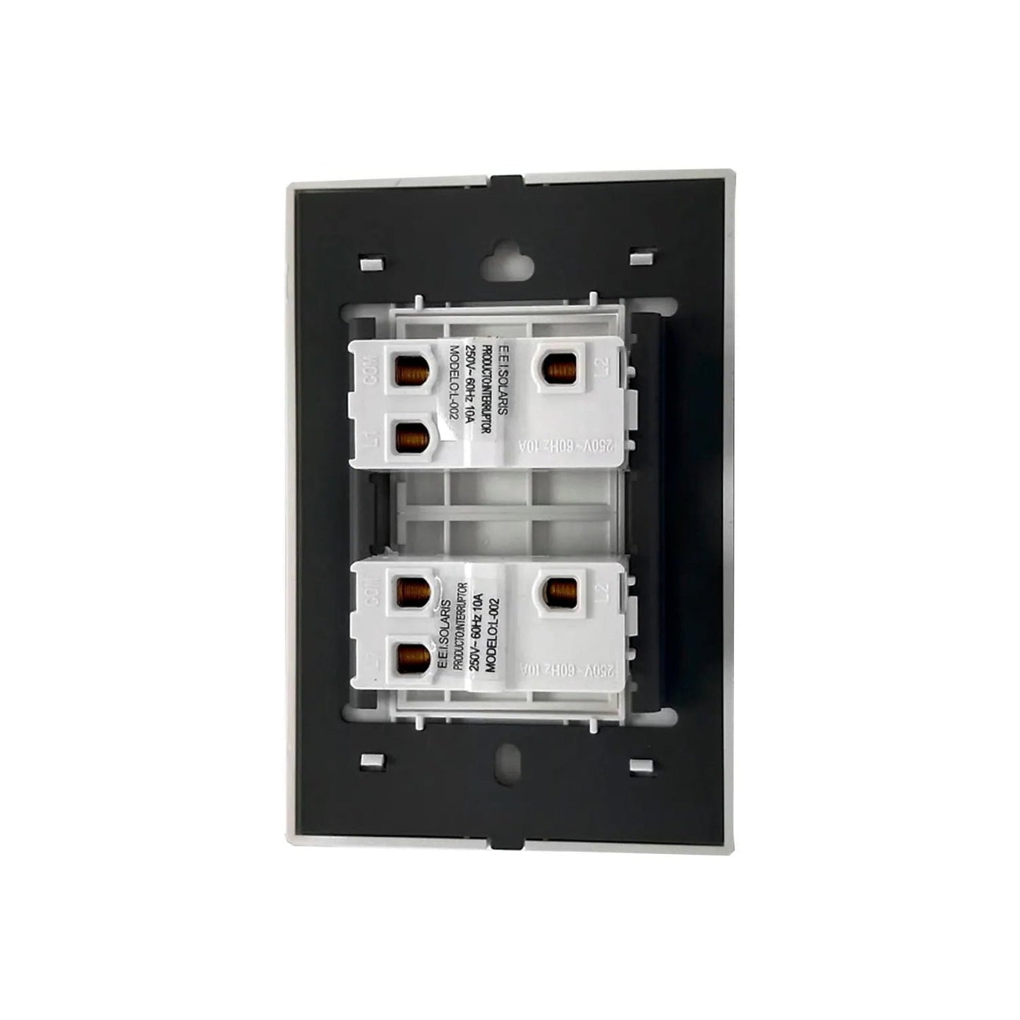 Módulo doble interruptor eléctrico Solaris L-002, blanco, vista trasera con terminales 250V 10A