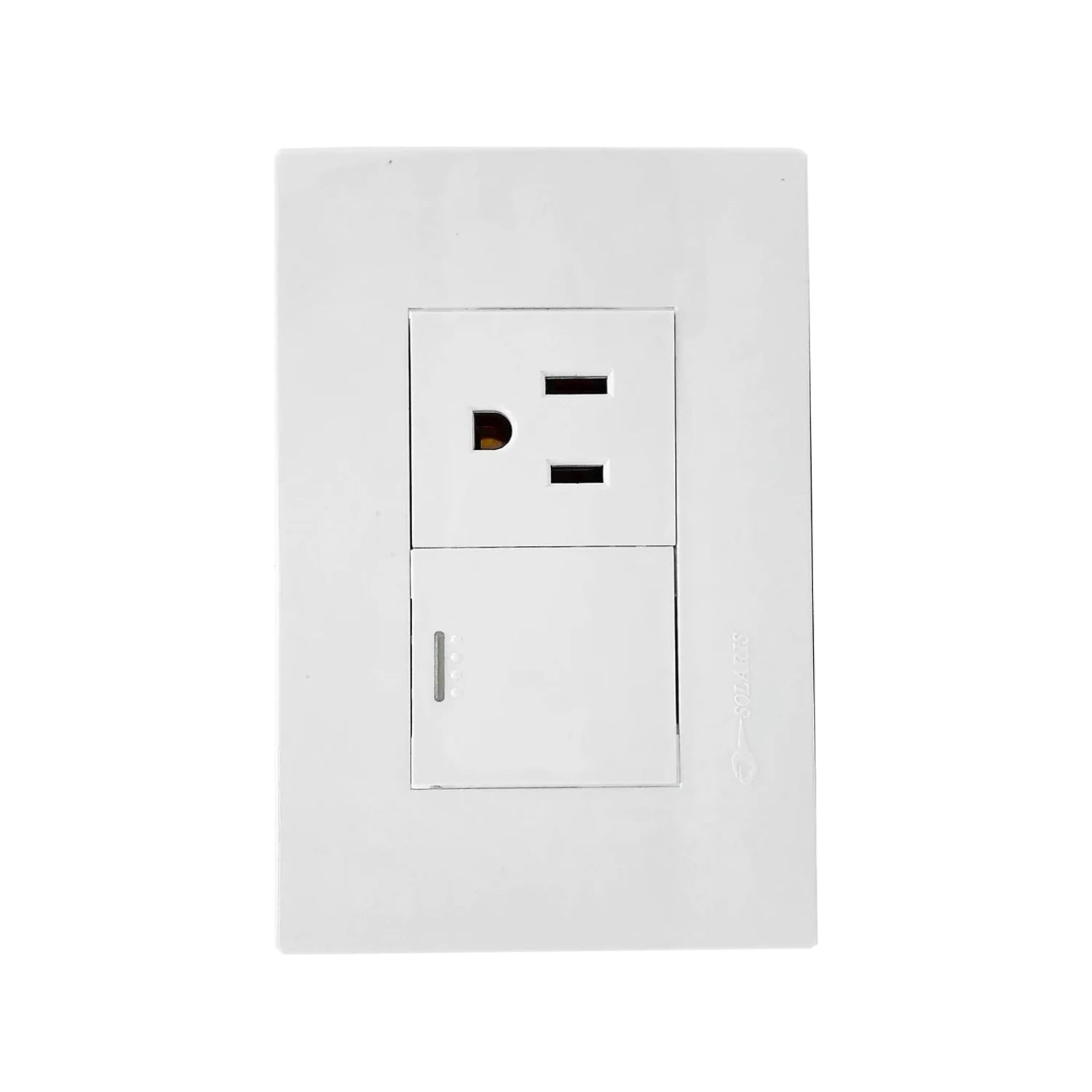 Placa de pared blanca Solaris con 1 contacto eléctrico aterrizado y 1 apagador de escalera tipo botón