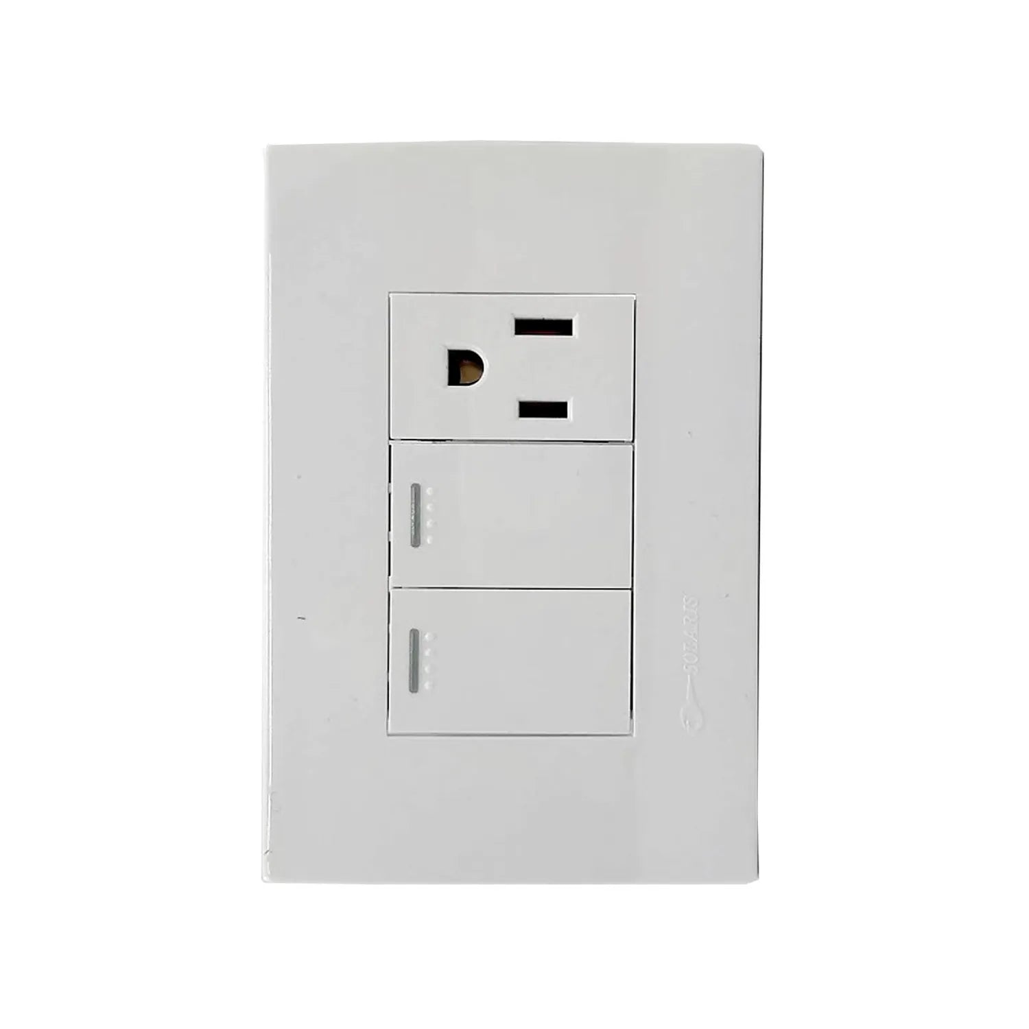Fabricada en policarbónato.,Placa dos apagadores de escalera y un contacto.,Tomacorriente 127 V - 15 A - 60 Hz,Apagador 127 V – 10 A – 60 Hz,Perfil ultra delgado (solo 3 mm).,Nuevo sistema push con diseño moderno y minimalista.