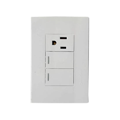 Fabricada en policarbónato.,Placa dos apagadores de escalera y un contacto.,Tomacorriente 127 V - 15 A - 60 Hz,Apagador 127 V – 10 A – 60 Hz,Perfil ultra delgado (solo 3 mm).,Nuevo sistema push con diseño moderno y minimalista.