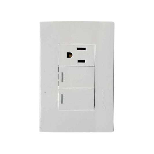 Fabricada en policarbónato.,Placa dos apagadores de escalera y un contacto.,Tomacorriente 127 V - 15 A - 60 Hz,Apagador 127 V – 10 A – 60 Hz,Perfil ultra delgado (solo 3 mm).,Nuevo sistema push con diseño moderno y minimalista.