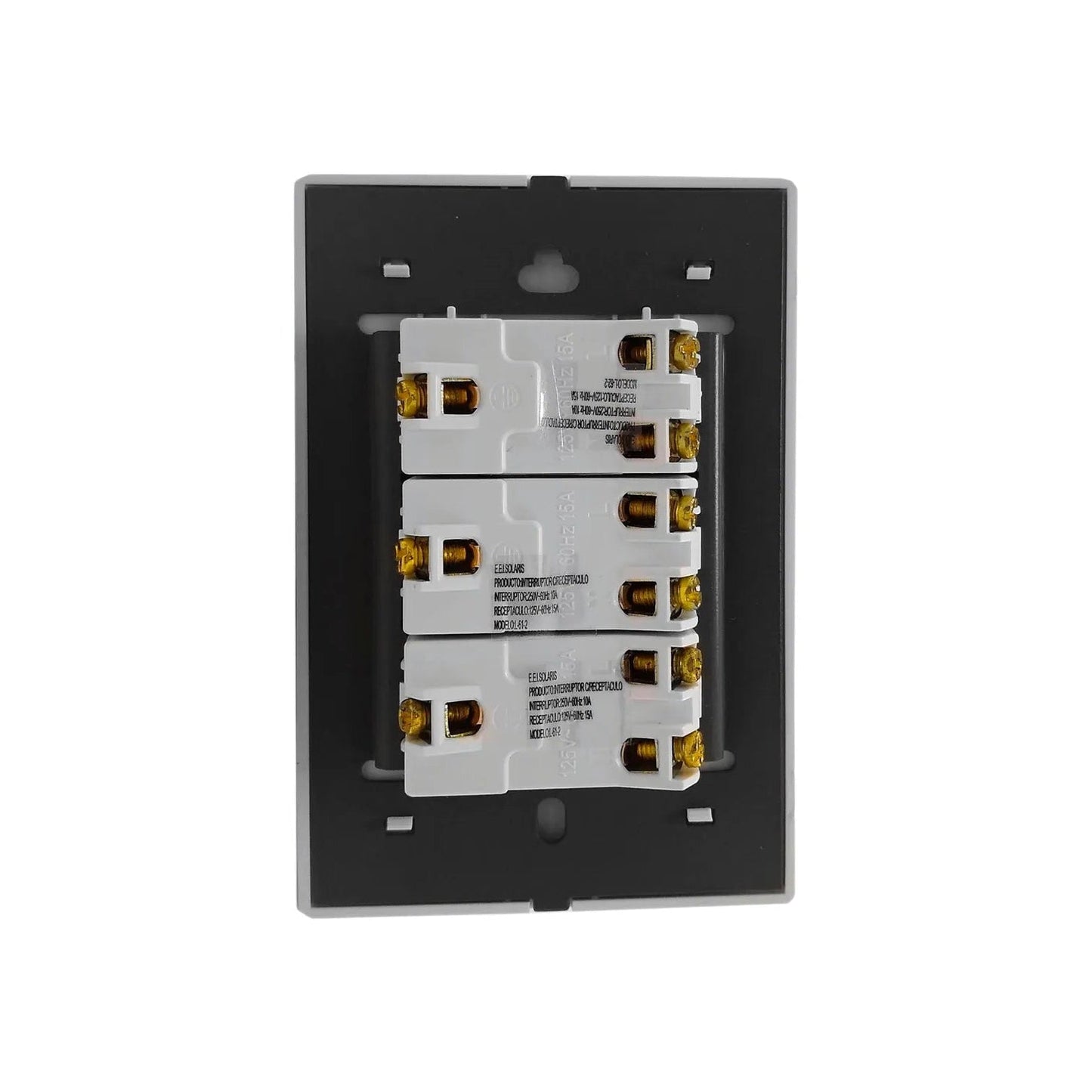 Vista trasera placa eléctrica Solaris blanca con 3 módulos de interruptores o contactos, terminales dorados.