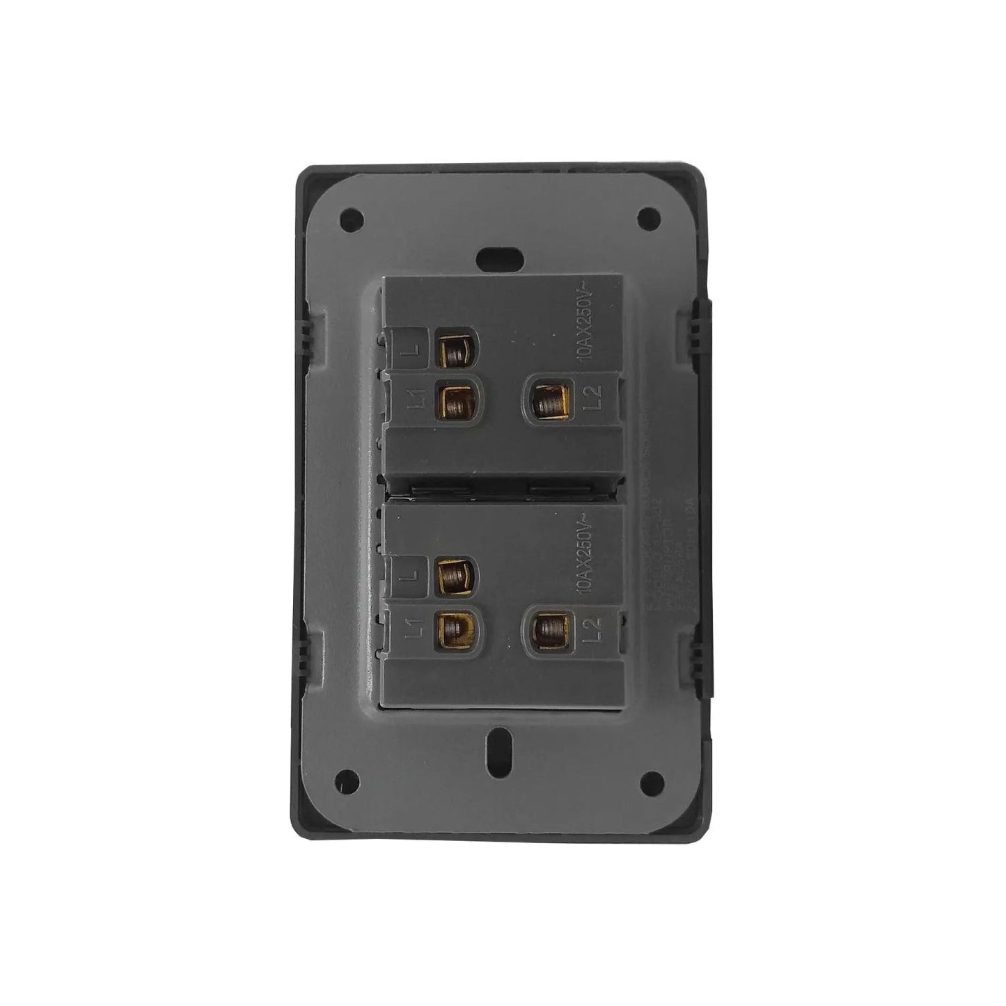Mecanismo doble apagador de escalera 10A 250V, vista trasera con terminales L1 L2 para cableado, gris oscuro.