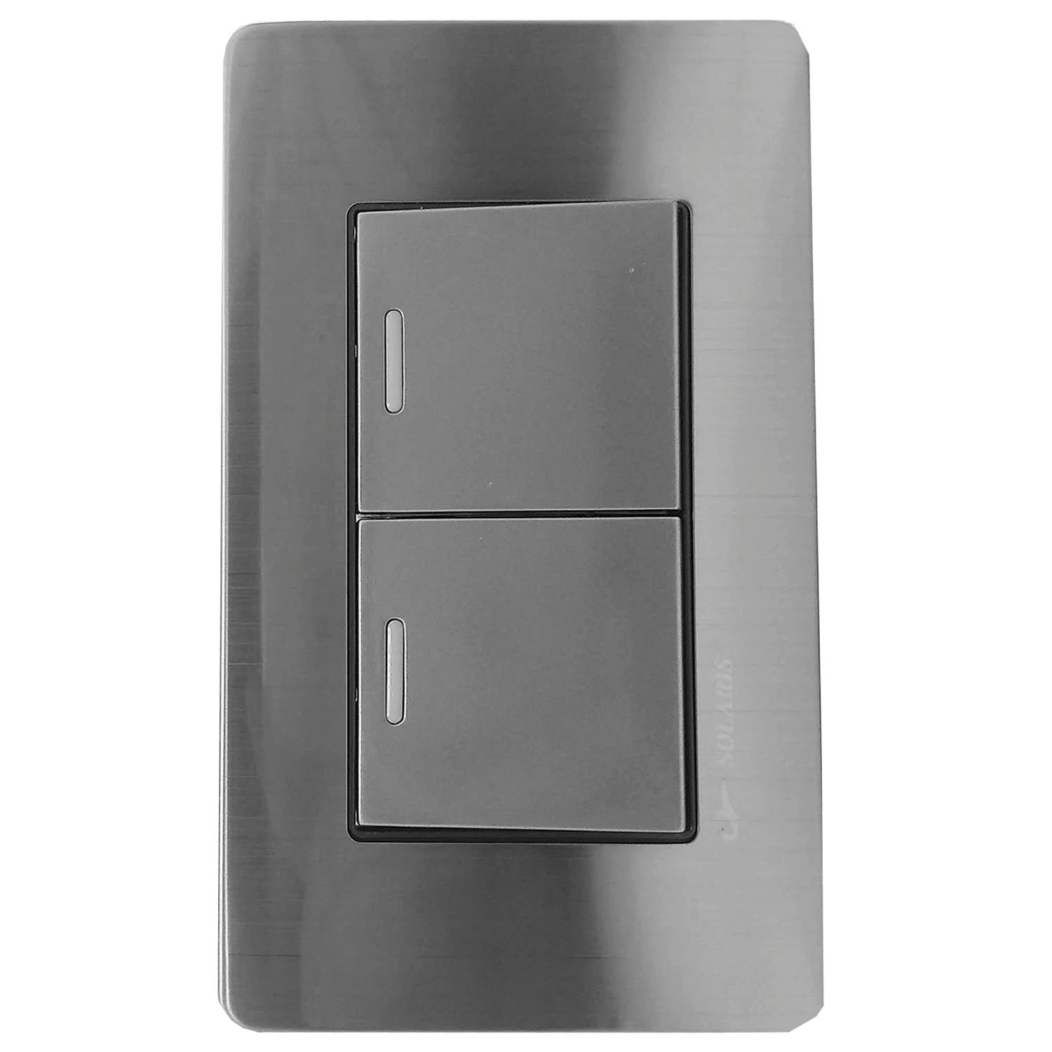 Fabricada de aluminio.,Cubierta de acero inoxidable.,Chasis de metal.,Placa dos apagadores escalera.,127 V - 10 A - 60 Hz,Acabado gris-plata ideal para uso residencial u oficina.