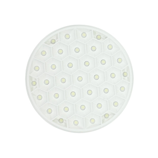 Panel LED redondo blanco empotrable, con diseño hexagonal y múltiples puntos de luz.