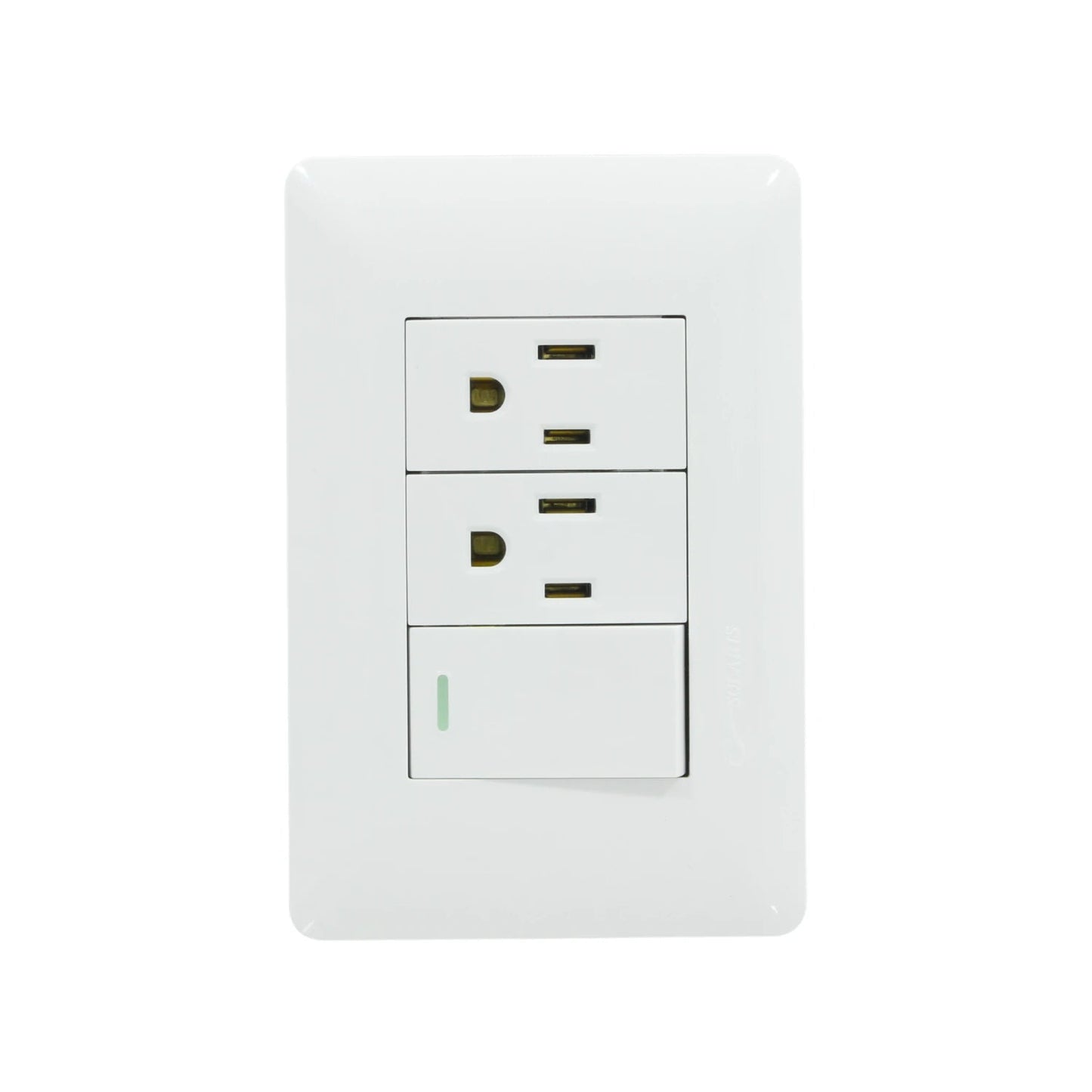 Placa eléctrica blanca Solaris con 1 apagador de luz y 2 tomacorrientes NEMA, para uso residencial.