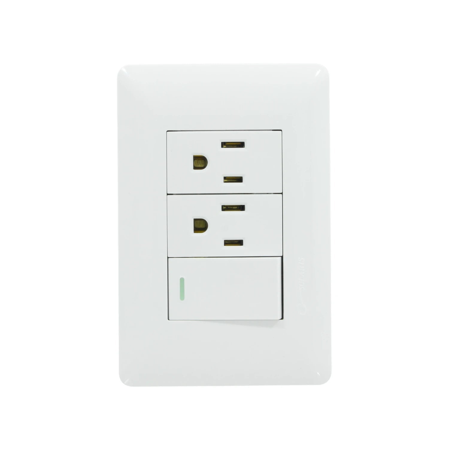 Placa eléctrica blanca Solaris con 1 apagador de luz y 2 tomacorrientes NEMA, para uso residencial.