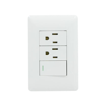 Placa eléctrica blanca Solaris con 1 apagador de luz y 2 tomacorrientes NEMA, para uso residencial.