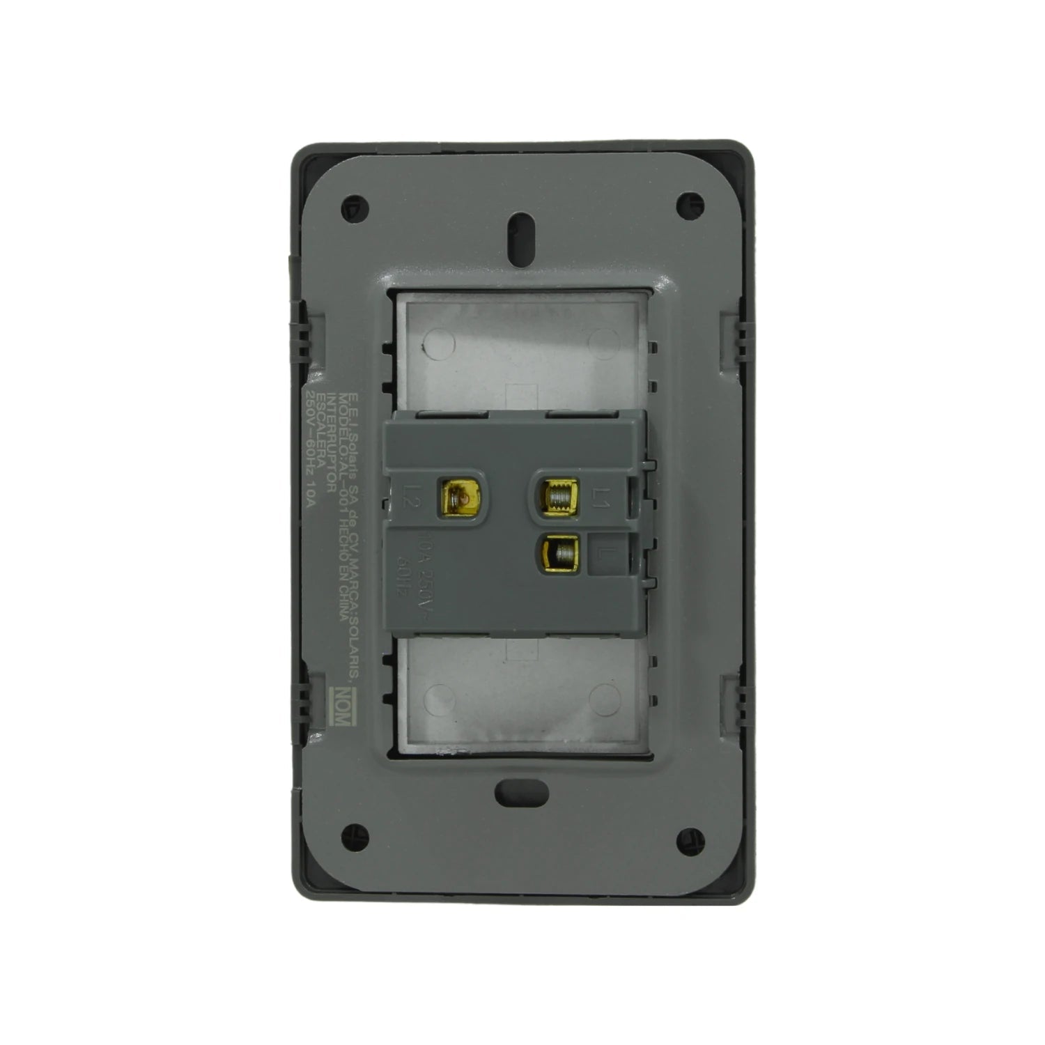 Módulo interruptor de escalera eléctrico Solaris 250V 10A, vista trasera para conexión de cableado.