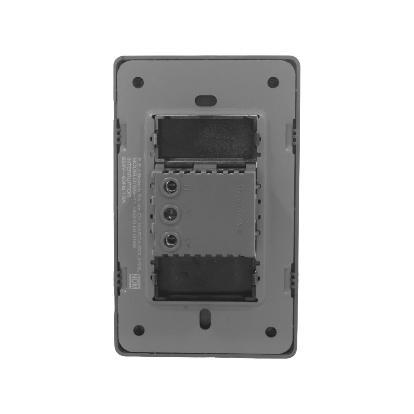 Interruptor eléctrico Solaris gris, vista trasera con terminales de conexión N, L1, L2, 10A 250V~