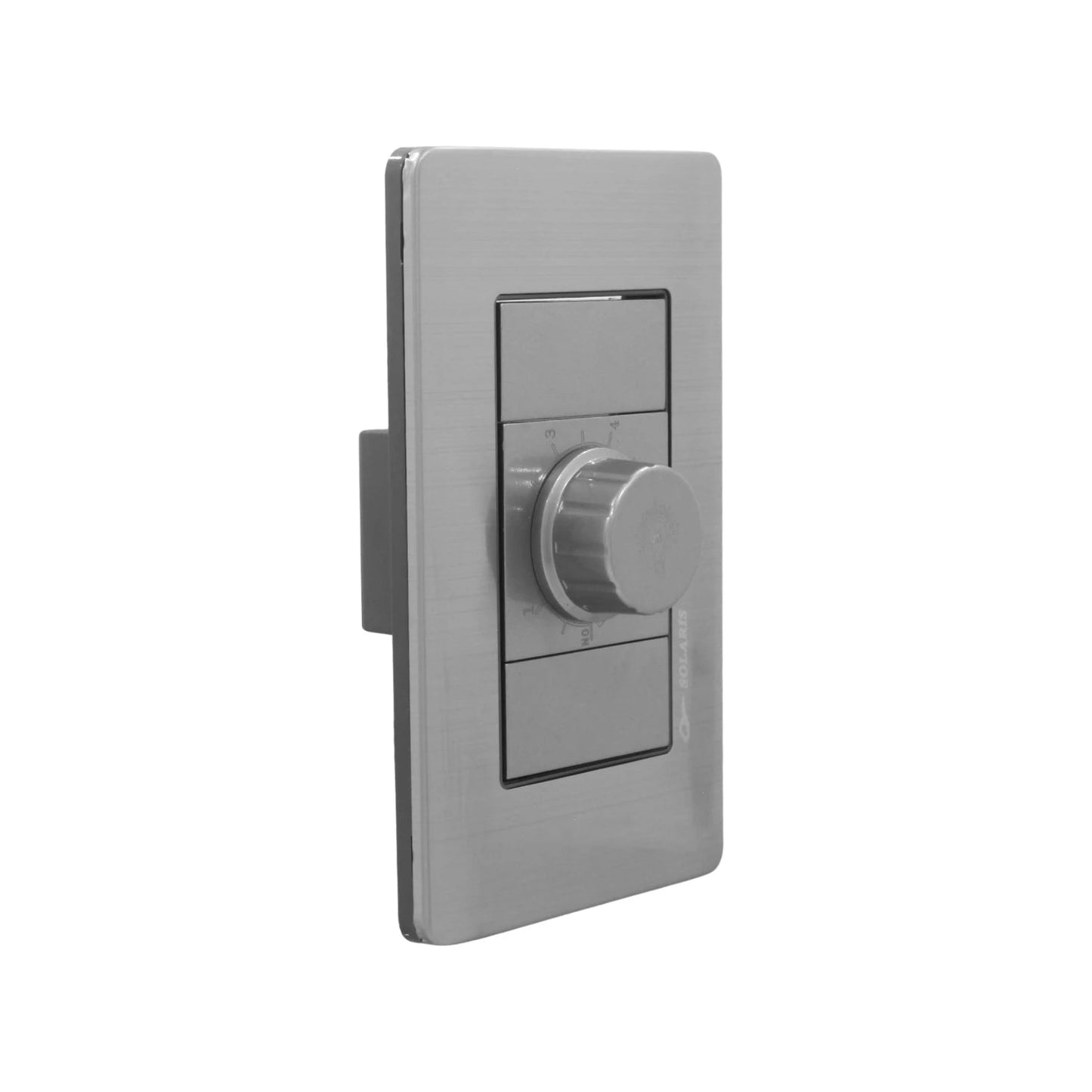 Placa eléctrica gris Solaris con un dimmer regulador de luz y dos interruptores para pared.