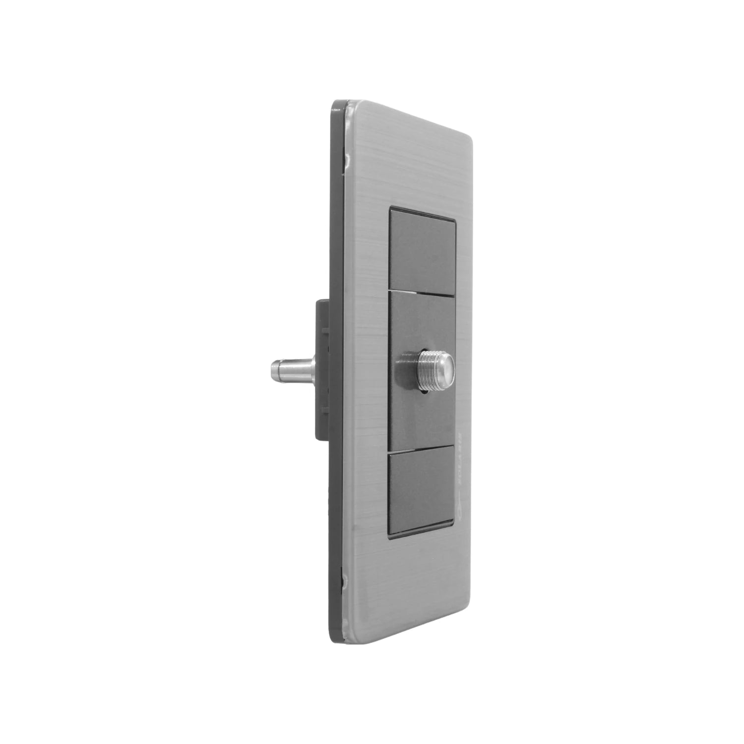Placa de pared metálica Solaris con 1 entrada para cable coaxial y 2 módulos ciegos grises