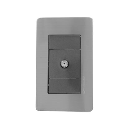 Placa de pared Solaris color plata, con módulo negro y 1 entrada para cable coaxial tipo F.