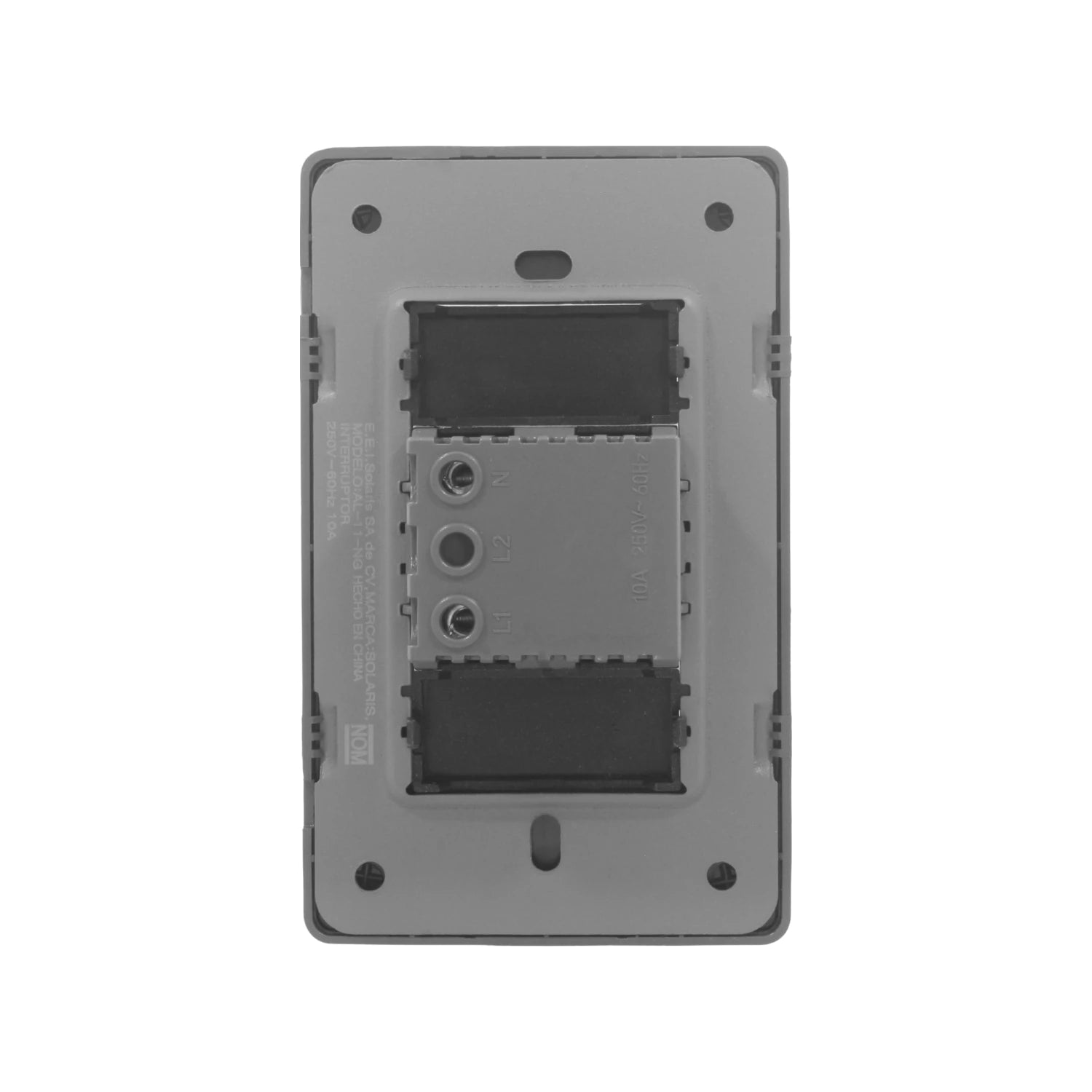 Placa interruptor eléctrico Solaris 250V 10A, reverso con terminales de conexión para cableado.