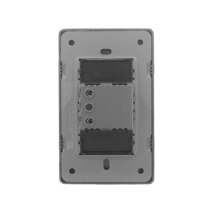 Placa interruptor eléctrico Solaris 250V 10A, reverso con terminales de conexión para cableado.