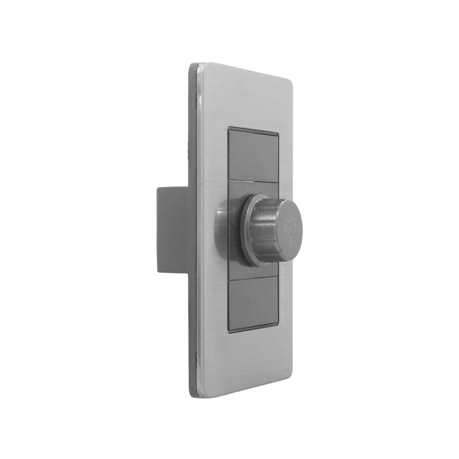Placa de pared metálica gris cepillada con regulador de luz giratorio negro y dos interruptores de palanca