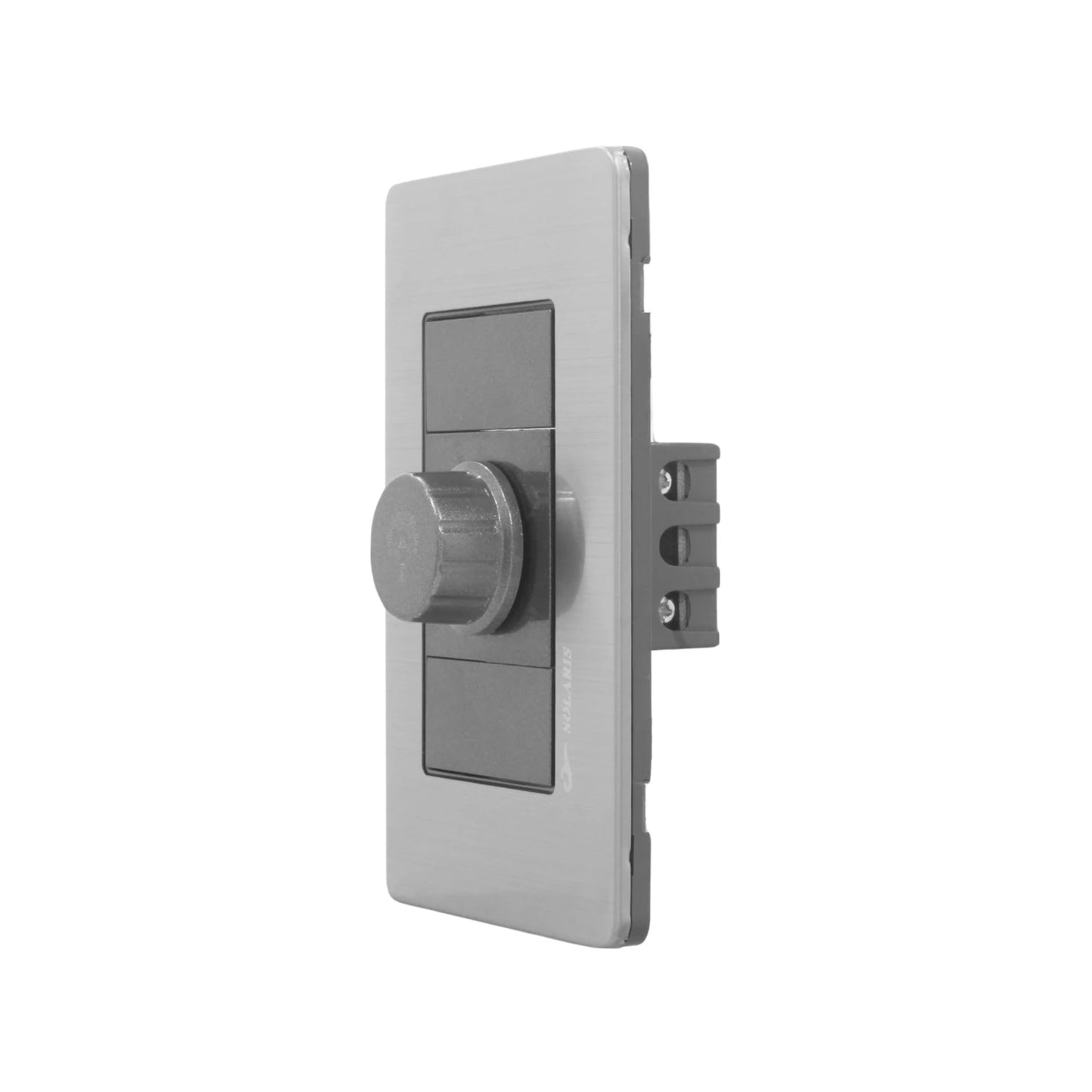 Placa eléctrica de pared Solaris, acabado metálico plata, con dimmer y dos interruptores grises.
