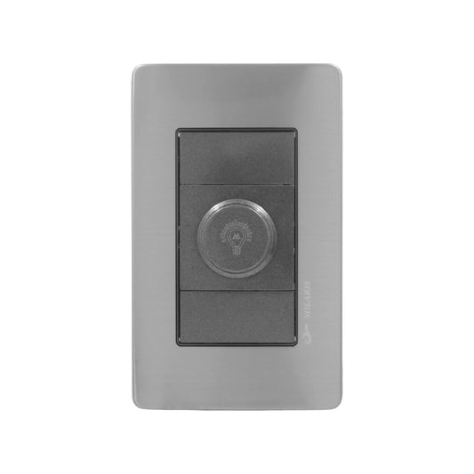 Placa dimmer Solaris gris metálico, atenuador de luz giratorio con bombilla y dos módulos para control eléctrico.