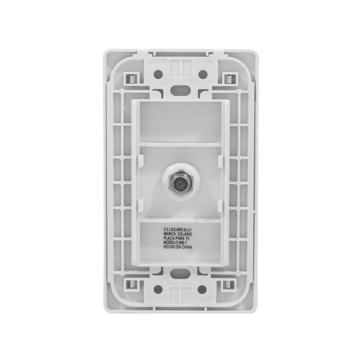 Placa de pared blanca Solaris WB-7, 1 entrada para cable coaxial de TV. Vista trasera del conector y estructura.