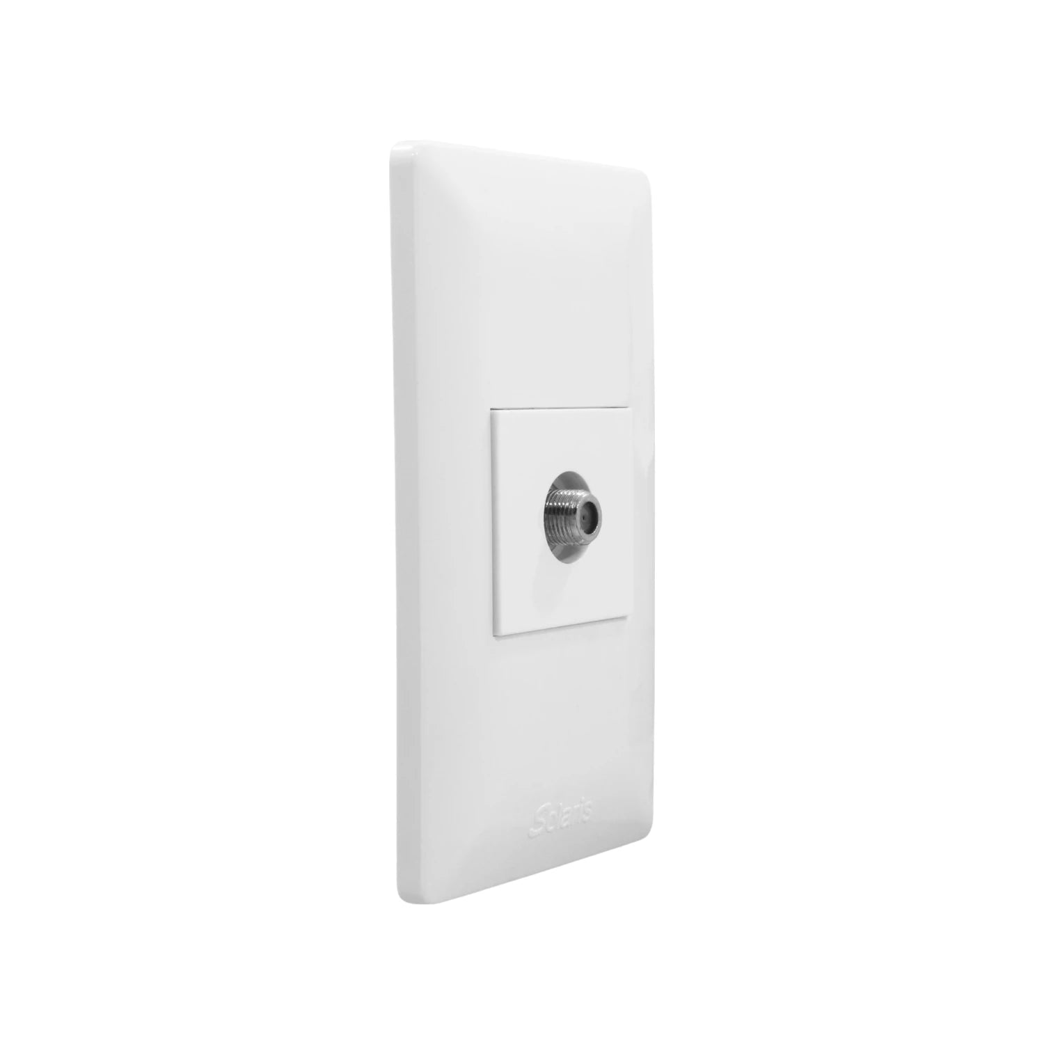 Placa de pared blanca Solaris de 1 entrada para cable coaxial tipo F, ideal para toma de TV/Antena.