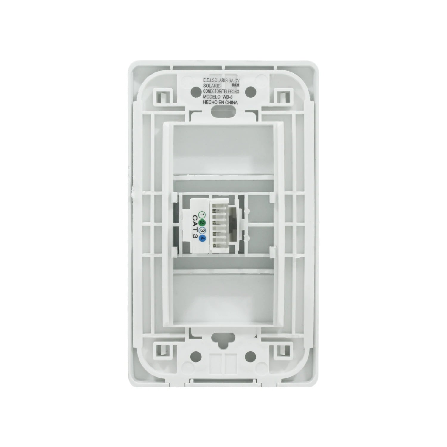 Placa de pared blanca Solaris WB-8 con conector telefónico RJ11 CAT 3, vista trasera para cableado de datos.