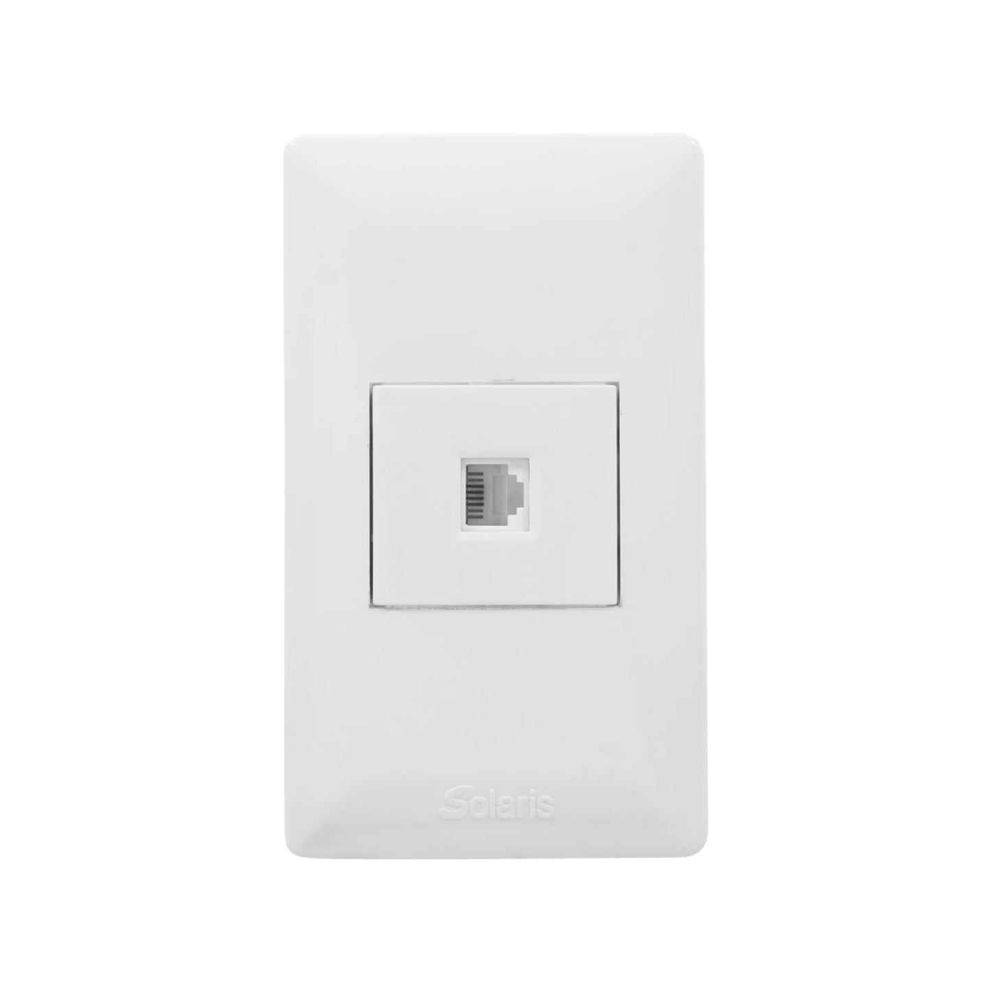 Placa de pared blanca Solaris con 1 entrada para teléfono RJ11. Módulo de conexión telefónica.