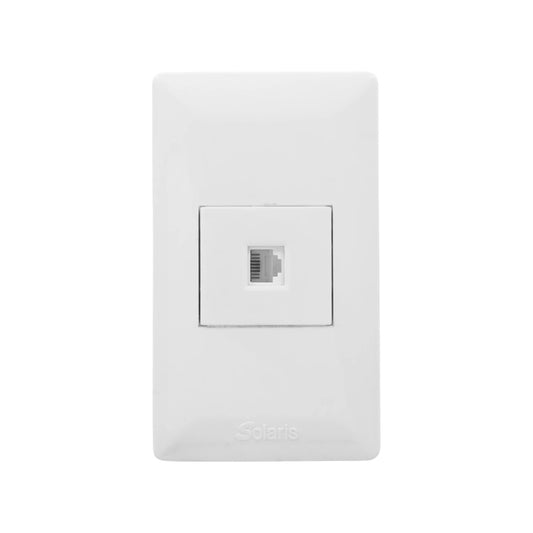 Placa de pared blanca Solaris con 1 entrada para teléfono RJ11. Módulo de conexión telefónica.