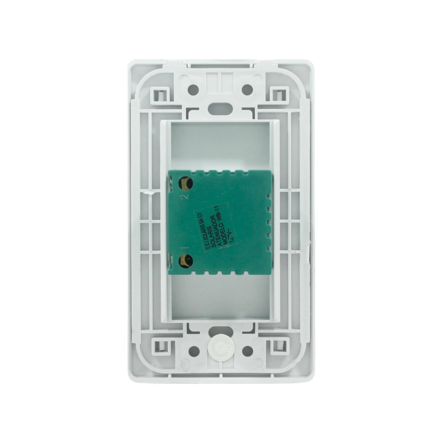 Vista trasera de placa dimmer atenuador Solaris WB-11 blanca con conexiones 127V para pared