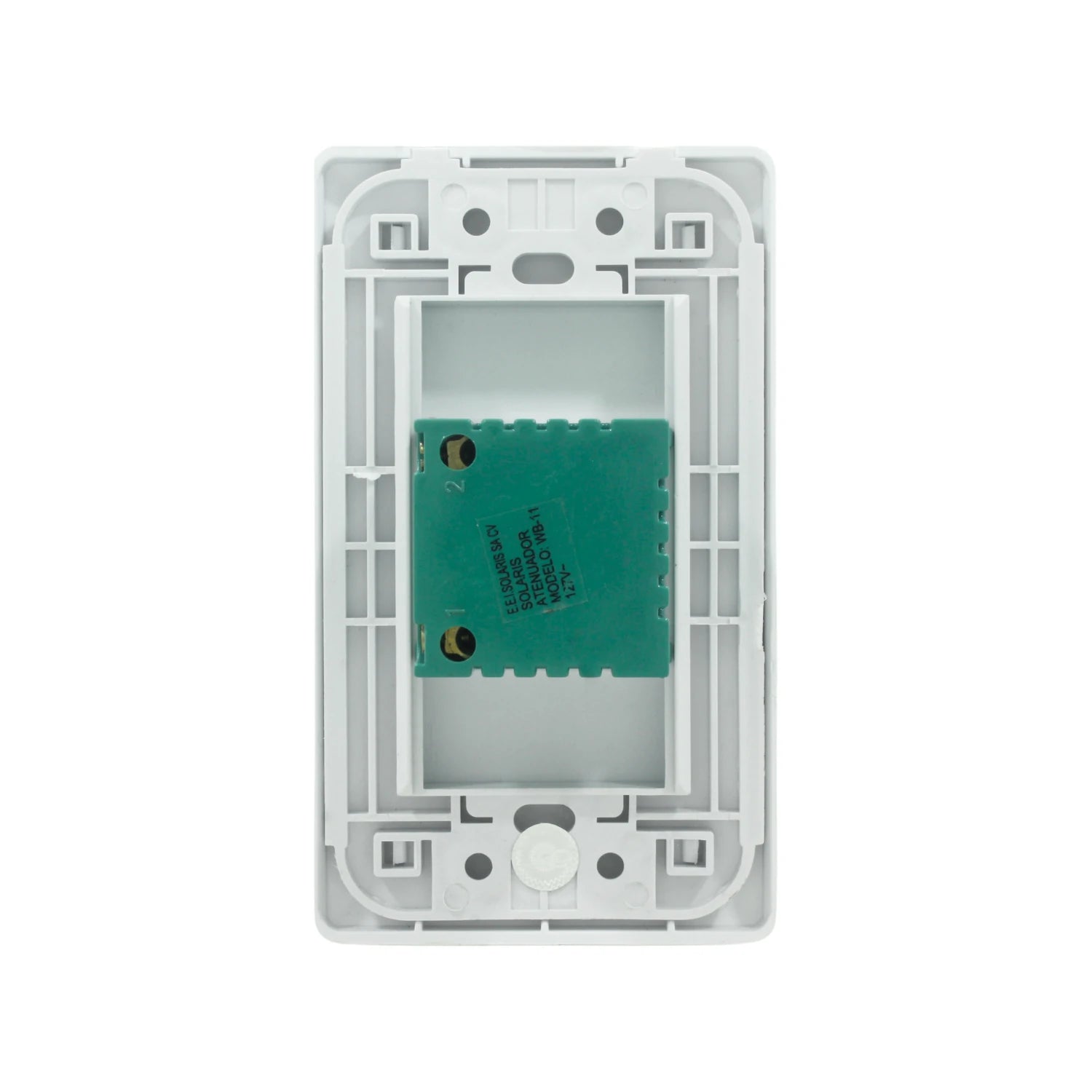 Vista trasera de placa dimmer atenuador Solaris WB-11 blanca con conexiones 127V para pared