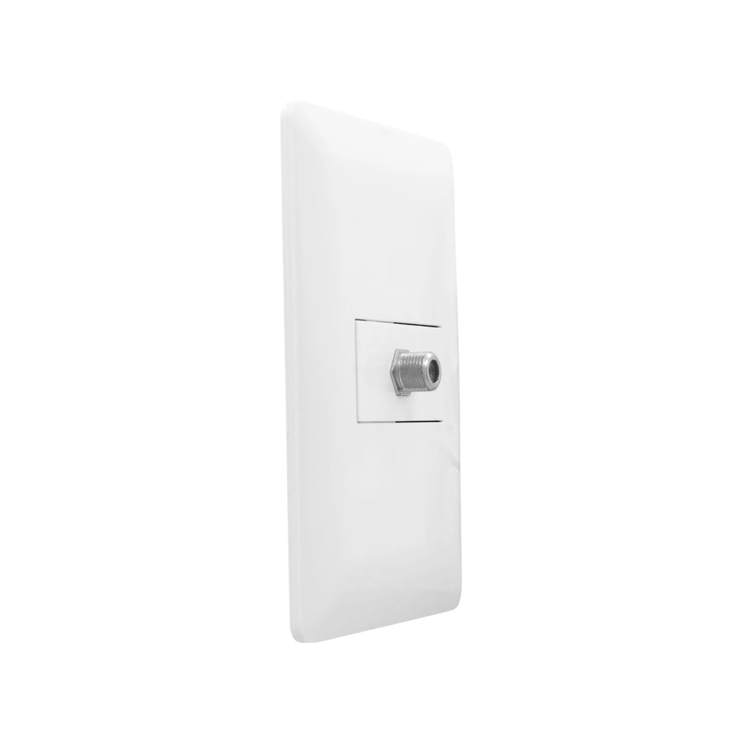 Placa de pared blanca con 1 entrada coaxial tipo F para TV, antena o cable, ideal para instalaciones.