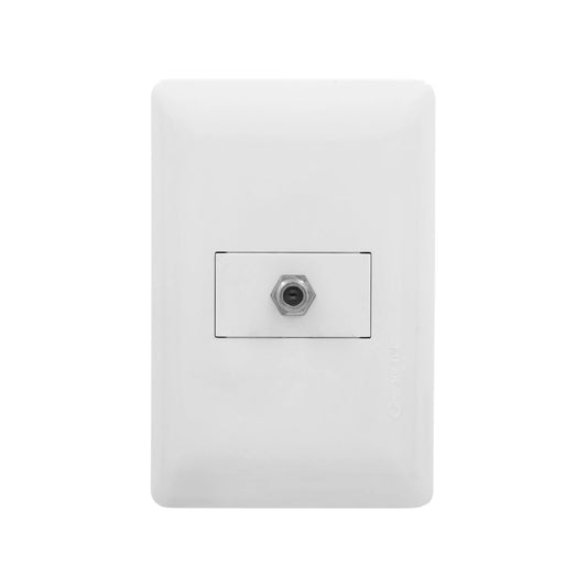 Placa de pared blanca Solaris con 1 entrada F para cable coaxial, ideal para conexiones de TV e internet.