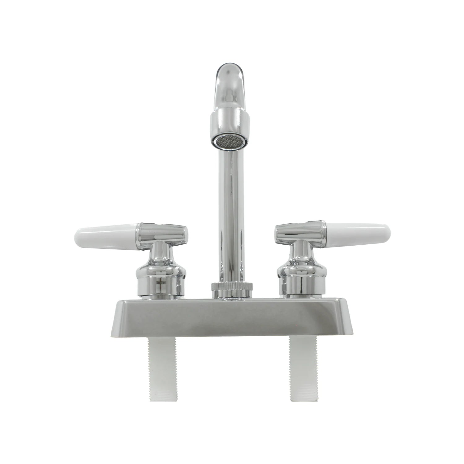 Mezcladora de lavabo cromada para 4 pulgadas, con dos manijas blancas de palanca.