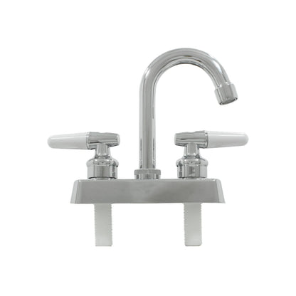 Mezcladora de lavabo cromada con dos manijas de palanca blancas para baño.