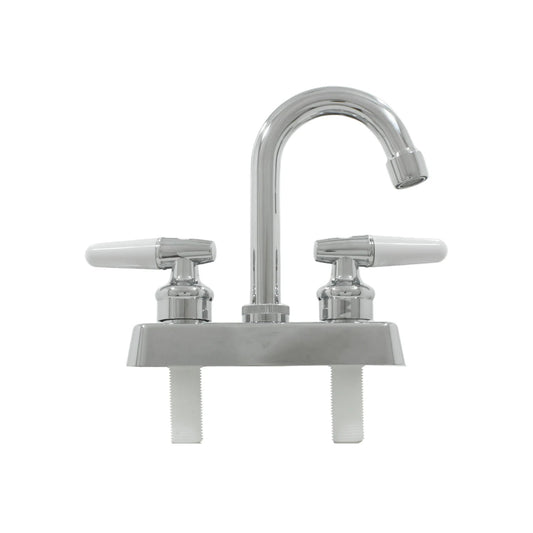 Mezcladora de lavabo cromada con dos manijas de palanca blancas para baño.