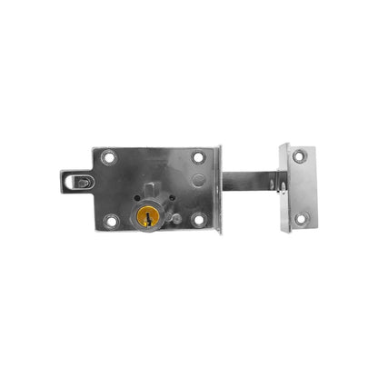 Cerradura de barra fija sobrepuesta plateada con llave insertada, para seguridad en puertas