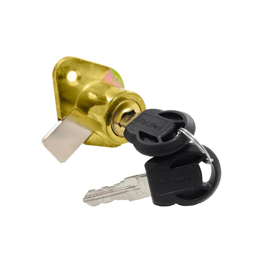 Cerradura de cilindro para cajón dorada Austral con pestillo, incluye dos llaves negras de seguridad.