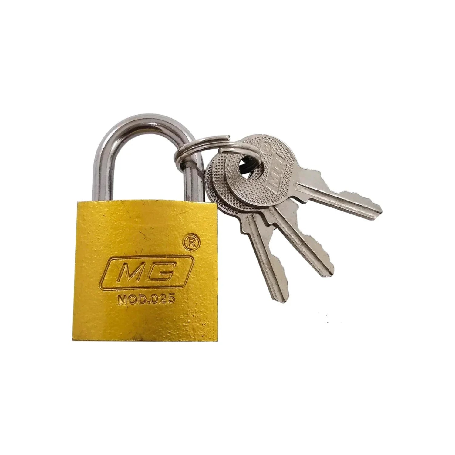 Candado de hierro latonado.,Cilindro de latón sólido.,3 llaves. niqueladas.,Modelo mg25