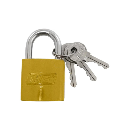 Candado de seguridad dorado MG 40mm con gancho corto y tres llaves metálicas, ideal para exterior.