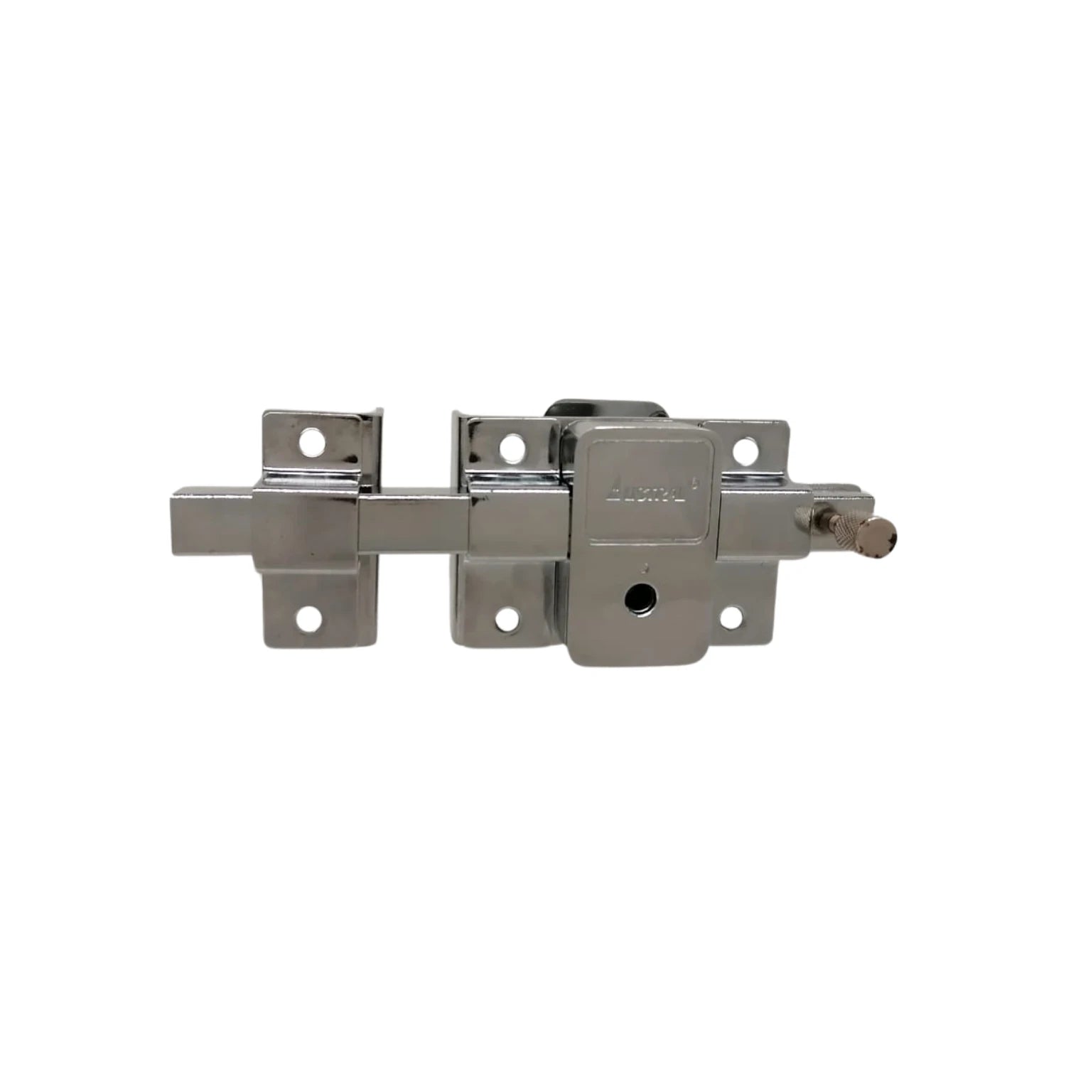 Cerradura de barra fija izquierda Austral 660, metal cromado brillante, con pestillo para seguridad en puertas y portones.