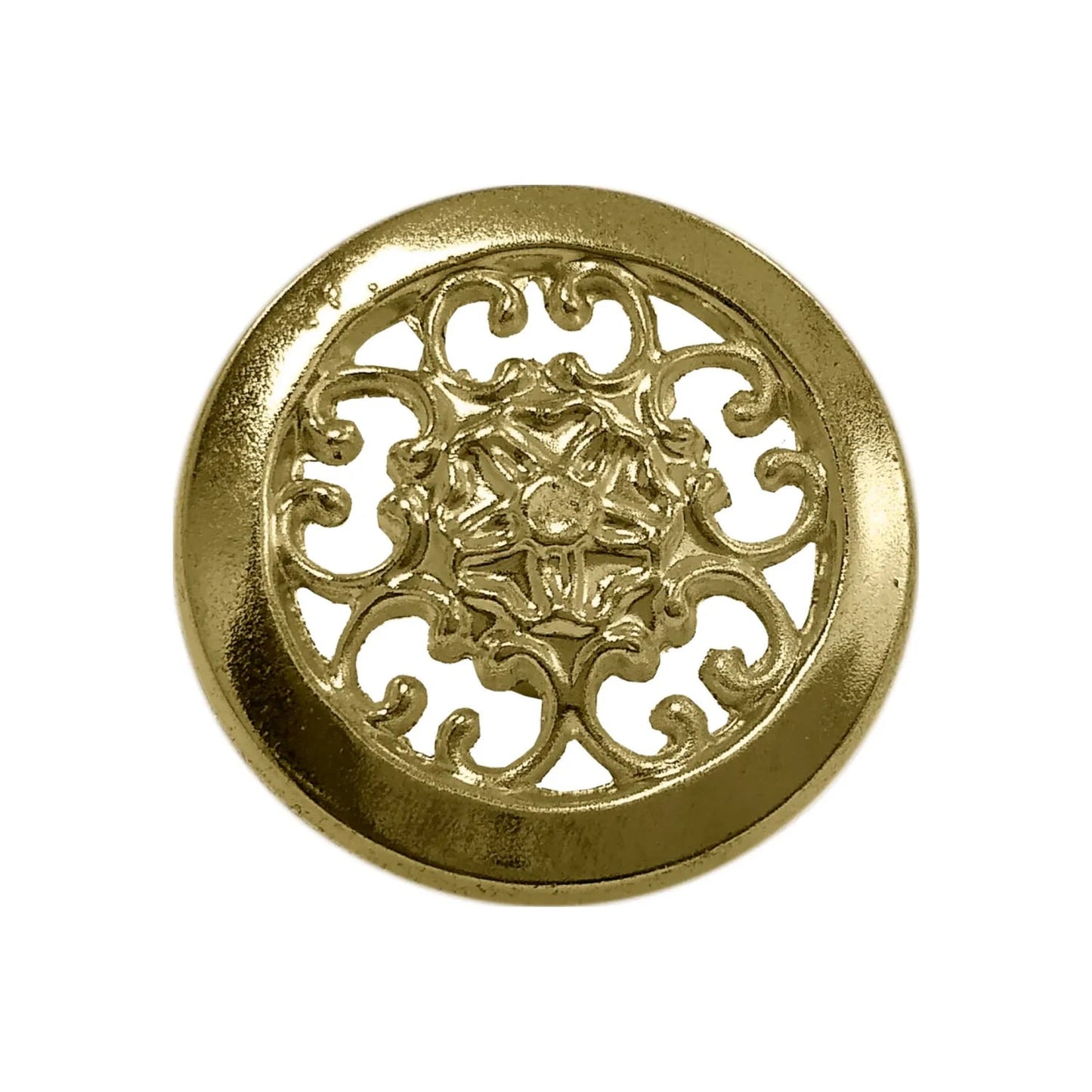 Jaladera circular calada de latón brillante, diseño ornamental con patrón floral y volutas