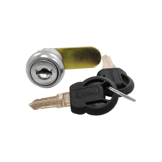 Cerradura de cajón cromada Austral con leva, incluye dos llaves con mango negro