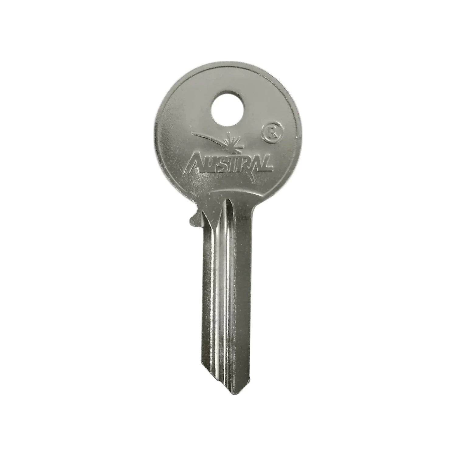 Llave de seguridad niquelada marca AUSTRAL, metálica y resistente para cerraduras comunes.