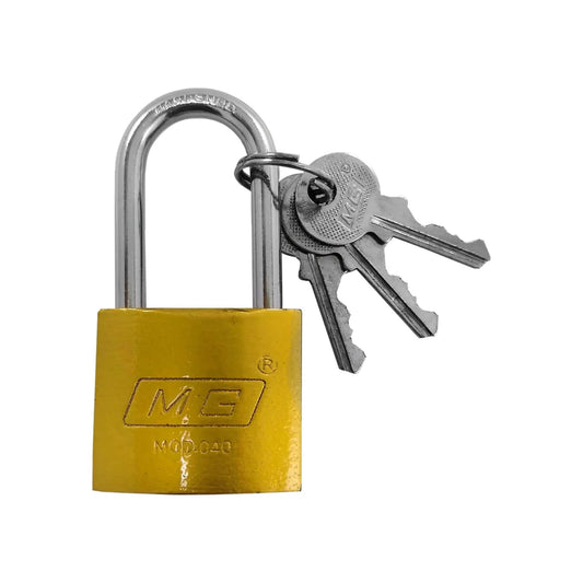 Candado de seguridad MG amarillo, 3 llaves incluidas, grillete de acero endurecido. Modelo 040.