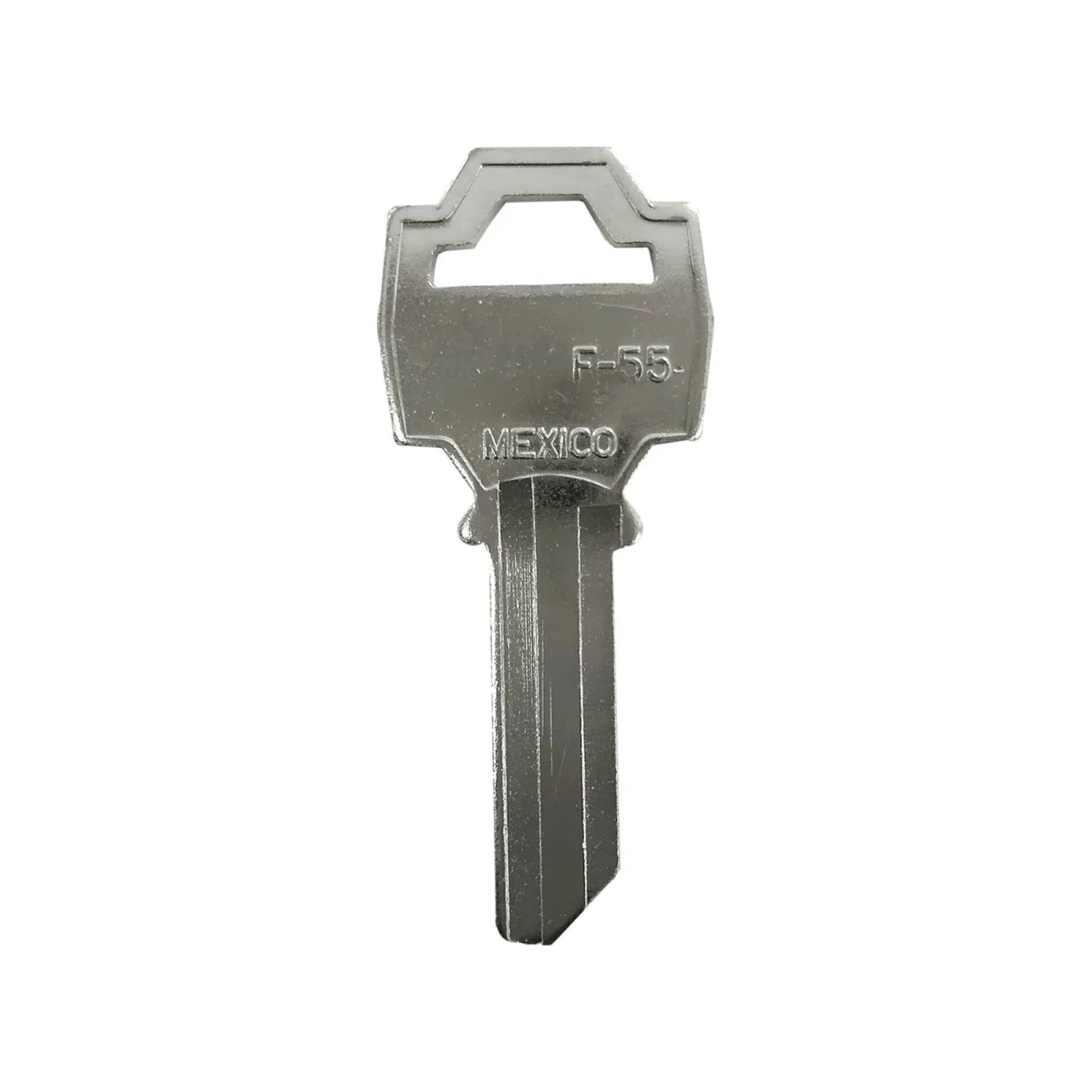 Forja de llave F-55 niquelada para duplicado, fabricada en México