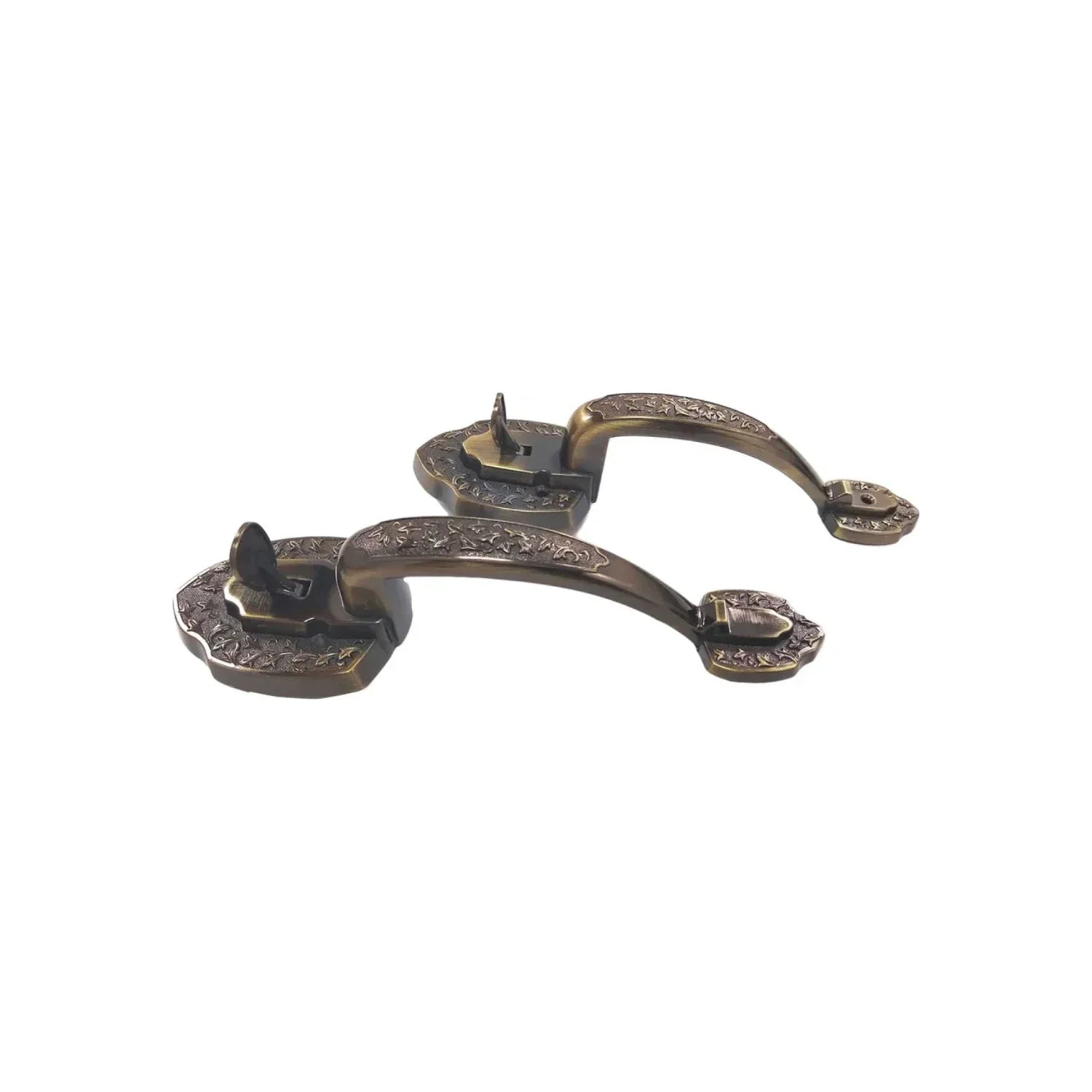 Juego de manijas de puerta de bronce antiguo decorativas con grabado floral, herrajes estilo vintage para puertas.