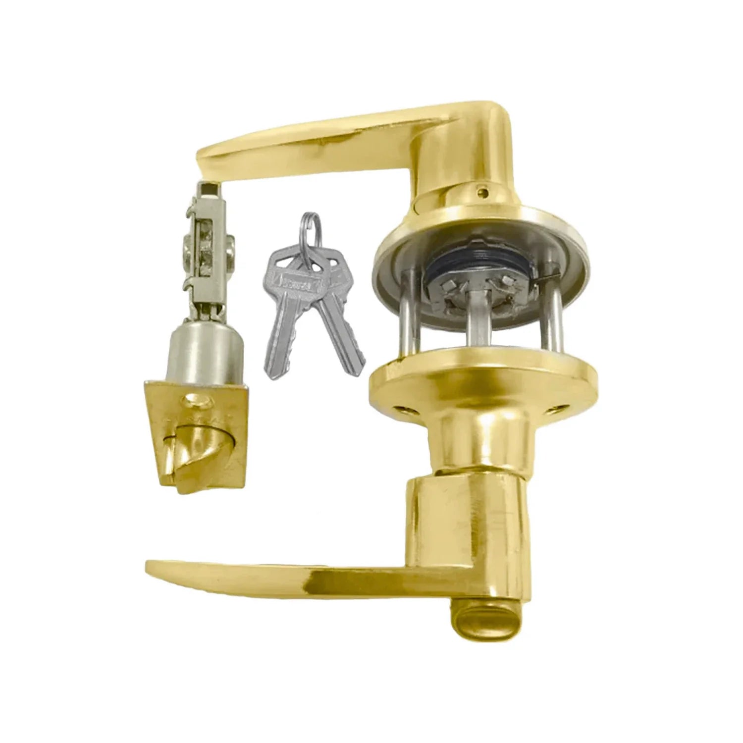 Chapa para recámara.,Acabado latón brillante.,Incluye 2 llaves dentadas.,Seguridad básica.
