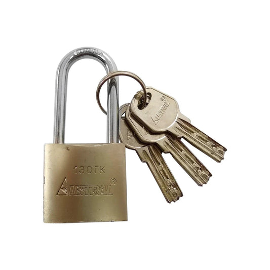 Candado de latón Austral 130TK con gancho largo cromado y juego de llaves.