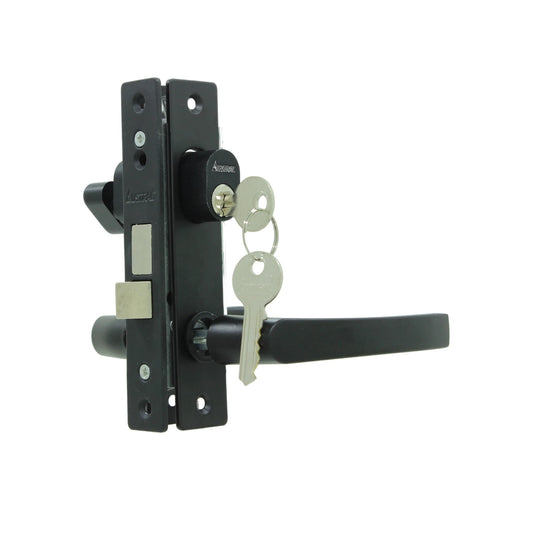 Cerradura de seguridad negra Austral para puerta de aluminio con manija y llaves